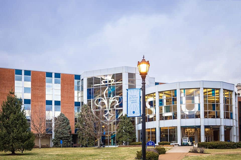 A exterior shot of SLU's Pius XII Memorial Library 