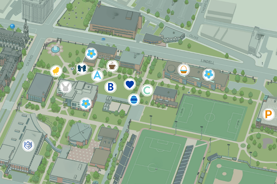 An illustrated map of Saint Louis University showing the northeast portion of campus with icons illustrating the location of egg hunt events. Parking is in the Olive Compton Garage, a coupon can be used in the bookstore, the hunts are adjacent to Tegeler Field, Check-In and bathrooms are in McDonnell Douglas Hall, bathrooms and facepainting is Tegeler Hall, bathrooms, refreshments and bunny pictures are in the  Sinquefield Science and Engineering Center, with crafts and inflatables in the space between the buildings. 
