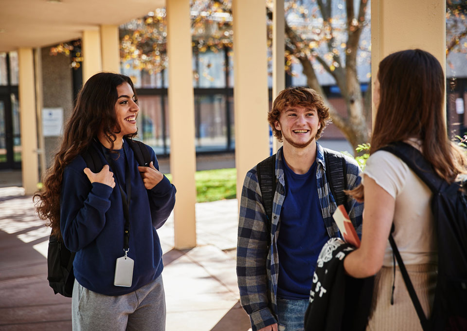 Students stop for a chat between classes 