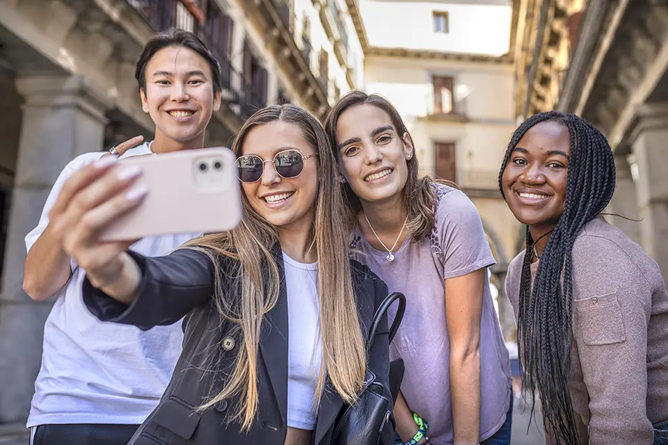 Students visiting the Plaza Mayor in the center of Madrid.