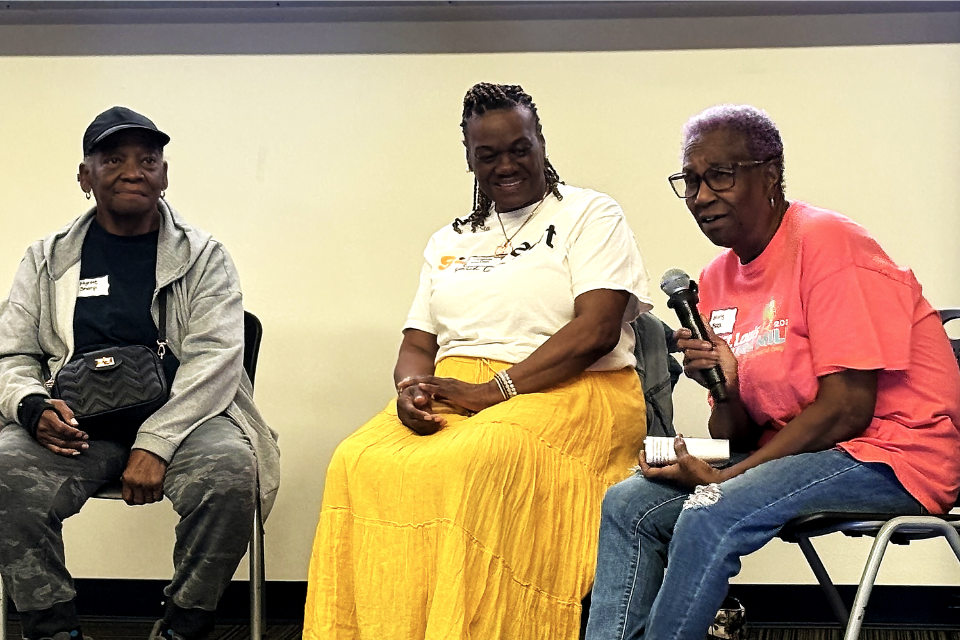 Older adults sit on stage in an auditorium and take turns addressing a crowd.