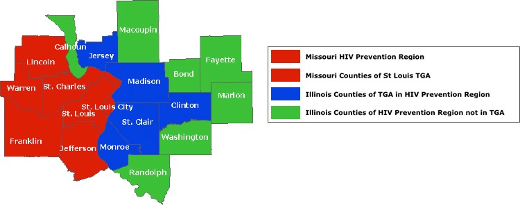 Map showing various counties involved in the grant. In Missouri, St. Louis City, and the counties of St. Louis, St. Charles, Warren, Lincoln, Jefferson and Franklin are labeled as the Missouri H I V prevention region and Missouri counties of the T G A. On the Illinois side, the counties of Clinton, Madison, St. Clair, Monroe and Jersey are labeled as counties of the T G A in H I V prevention region. Counties of Calhoun, Macoupin, Bond, Fayette, Marion, Washington and Randolph are labeled as Illinois counties of H I V prevention region not in the T G A.