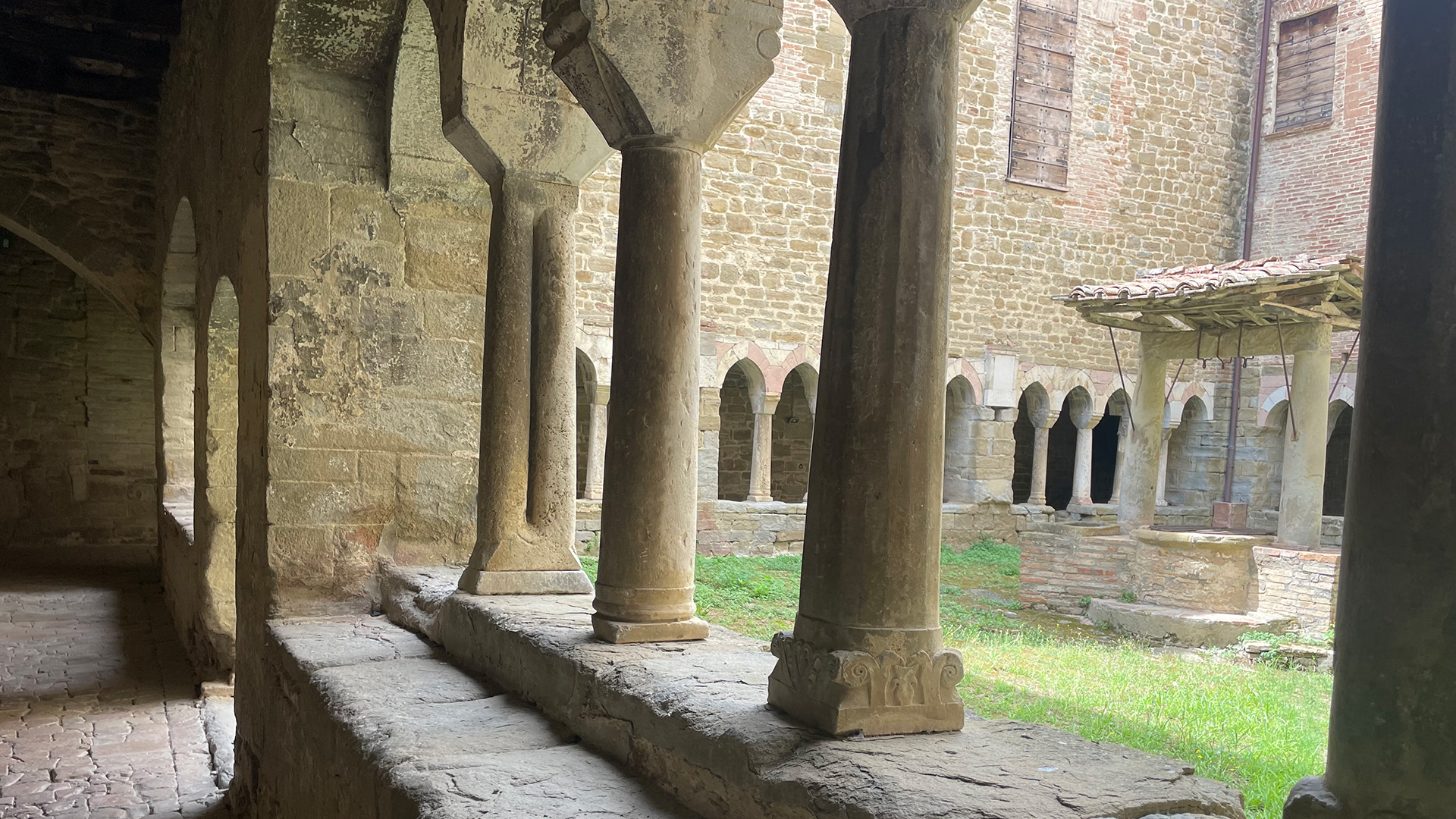 Stone pillars at the Villa Fidelia in Spello, Italy.