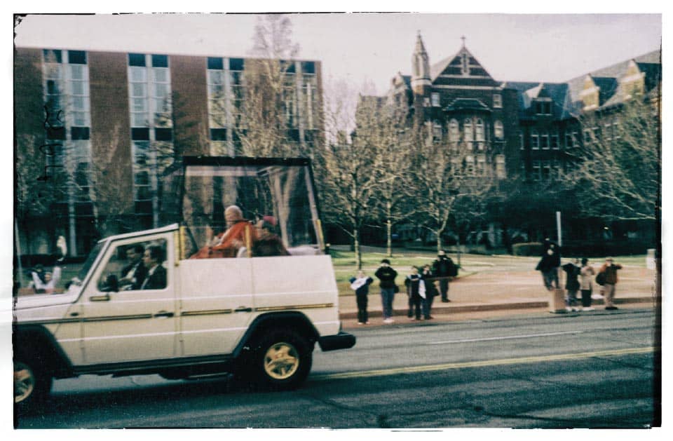 The Pope is driven down Lindell Boulevard in the popemobile